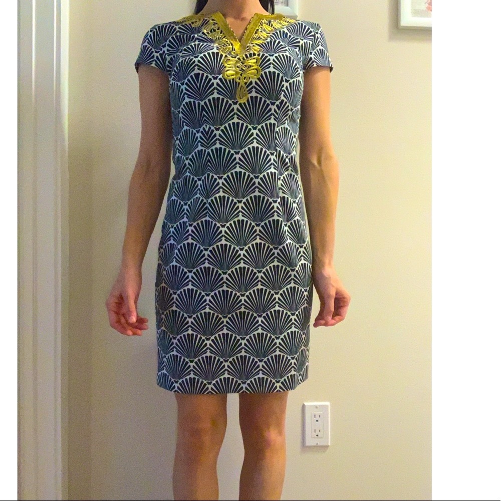 Preppy shift dress with embroidered detail neck